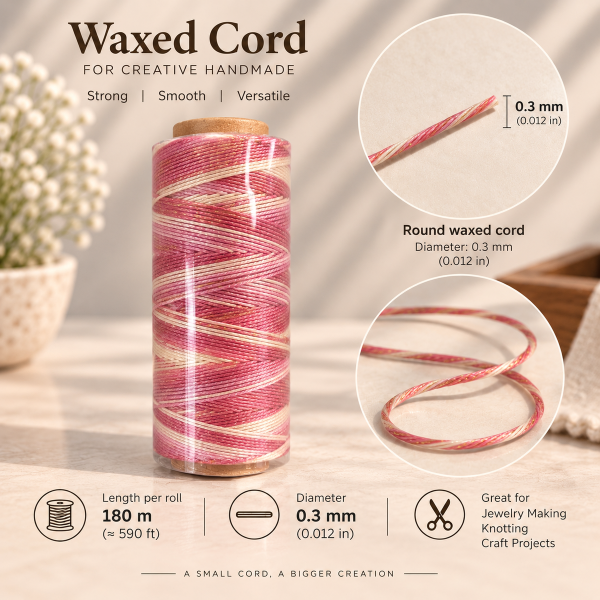 0.3mm round pink and white waxed cord, 180m roll, for jewelry making and knotting