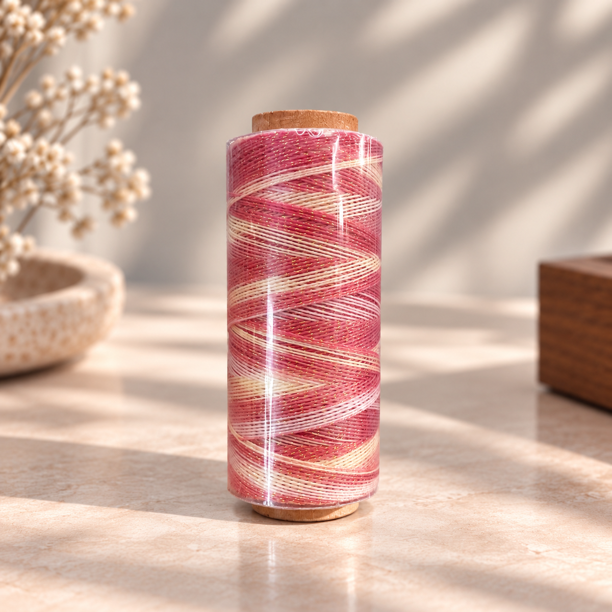 Pink and white variegated round waxed cord spool for jewelry making