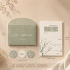 Dear Wilderness botanical greeting card set with sage green envelope and sealing stickers – flat lay with dimensions