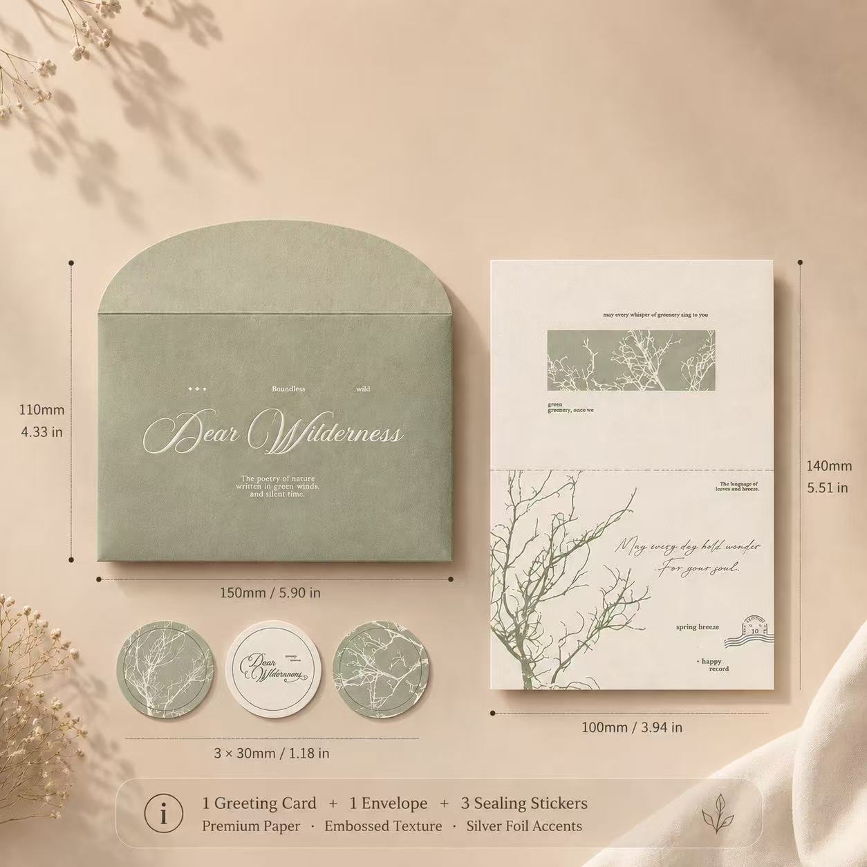Dear Wilderness botanical greeting card set with sage green envelope and sealing stickers – flat lay with dimensions