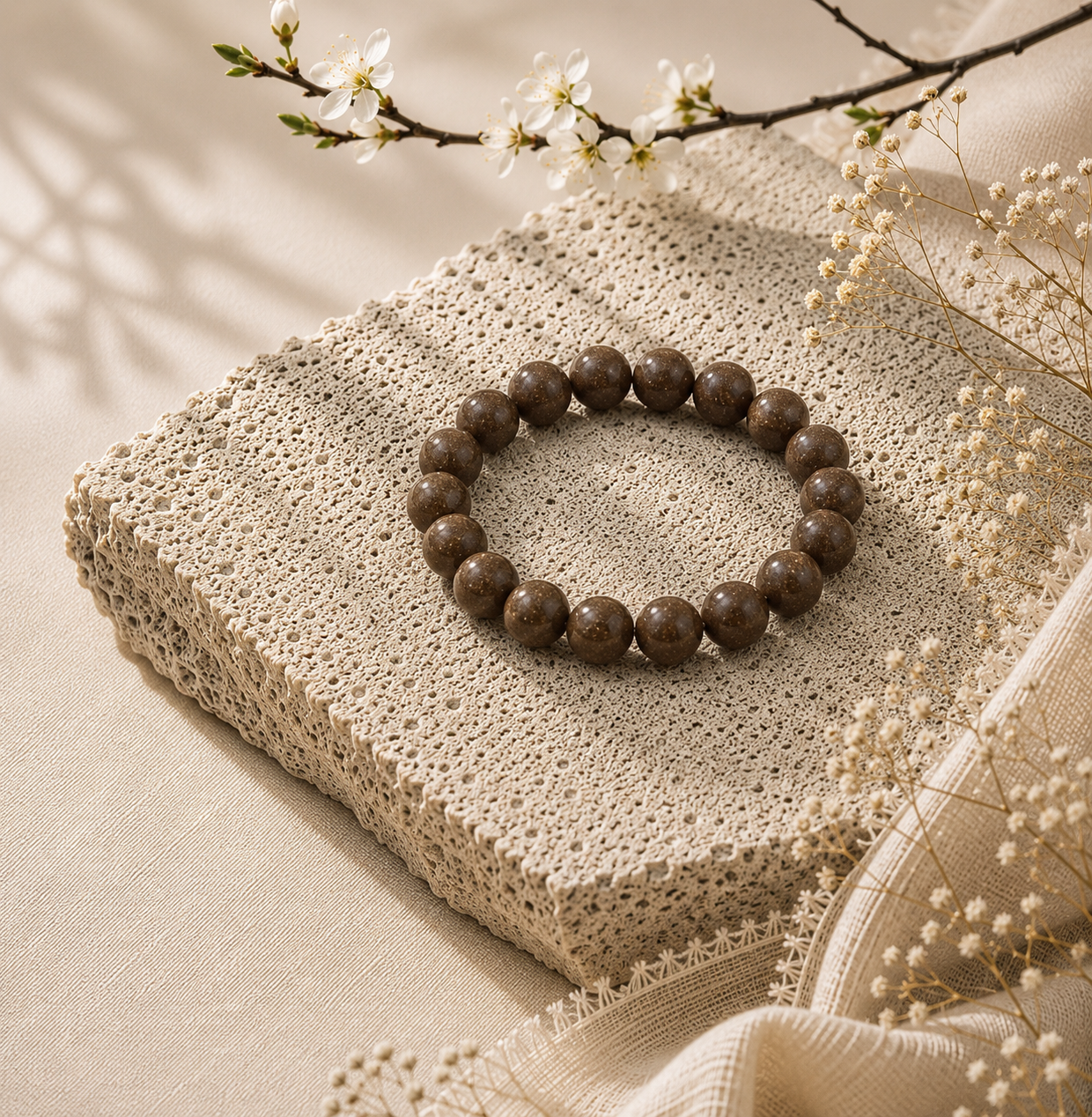 苔青 · 夏栀 | Sand Brown Herbal Incense Bead Bracelet | 10mm / 12mm