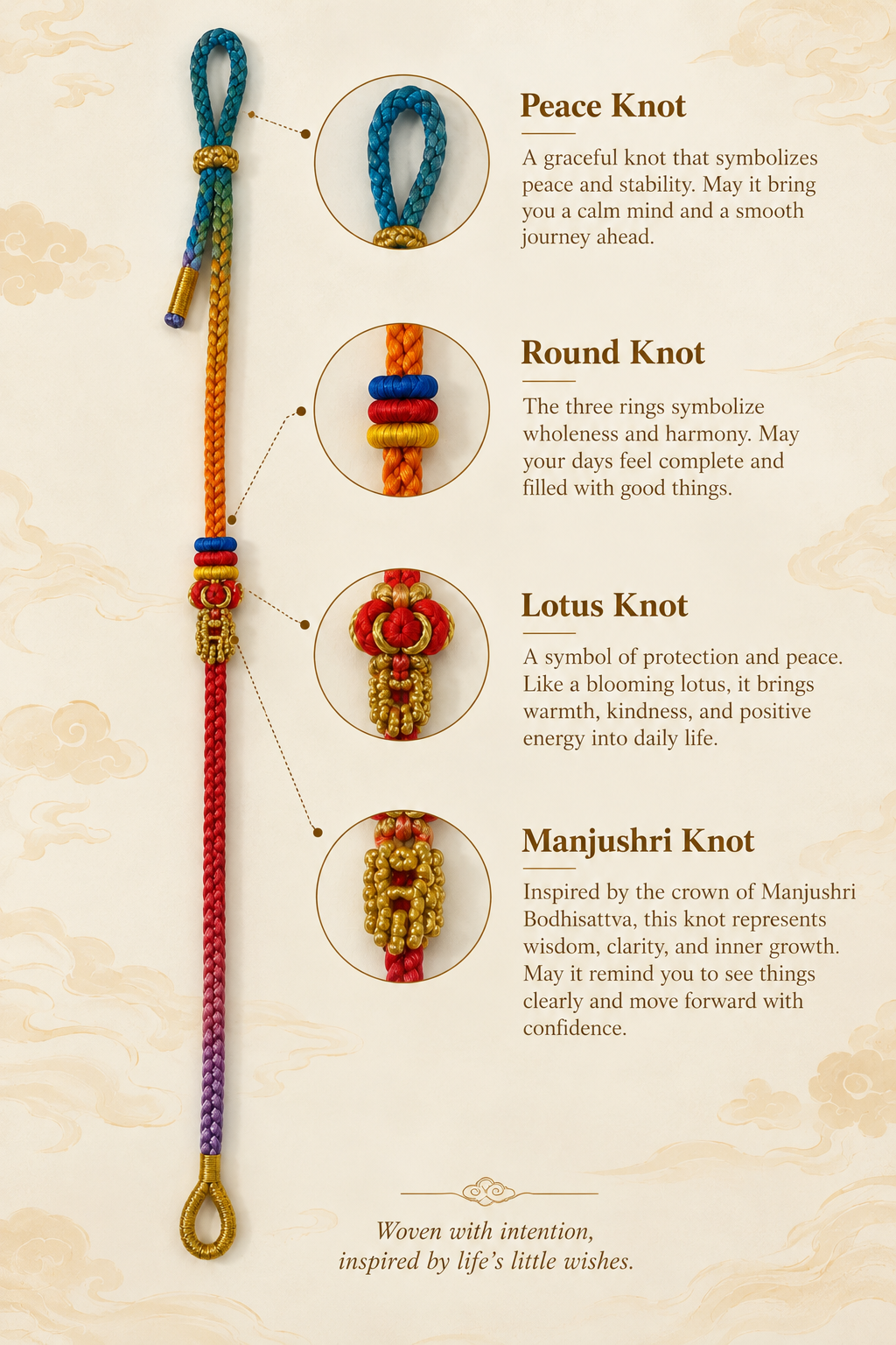 Infographic showing the four knots: Peace Knot, Round Knot, Lotus Knot, and Manjushri Knot with their meanings