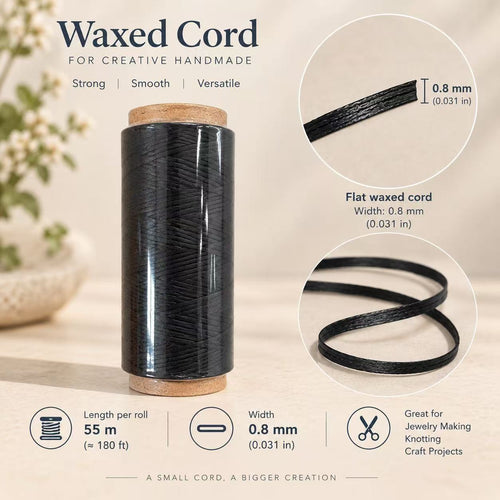 Black Waxed Cord, 0.8mm Flat Jewelry Making Cord, 55m Roll