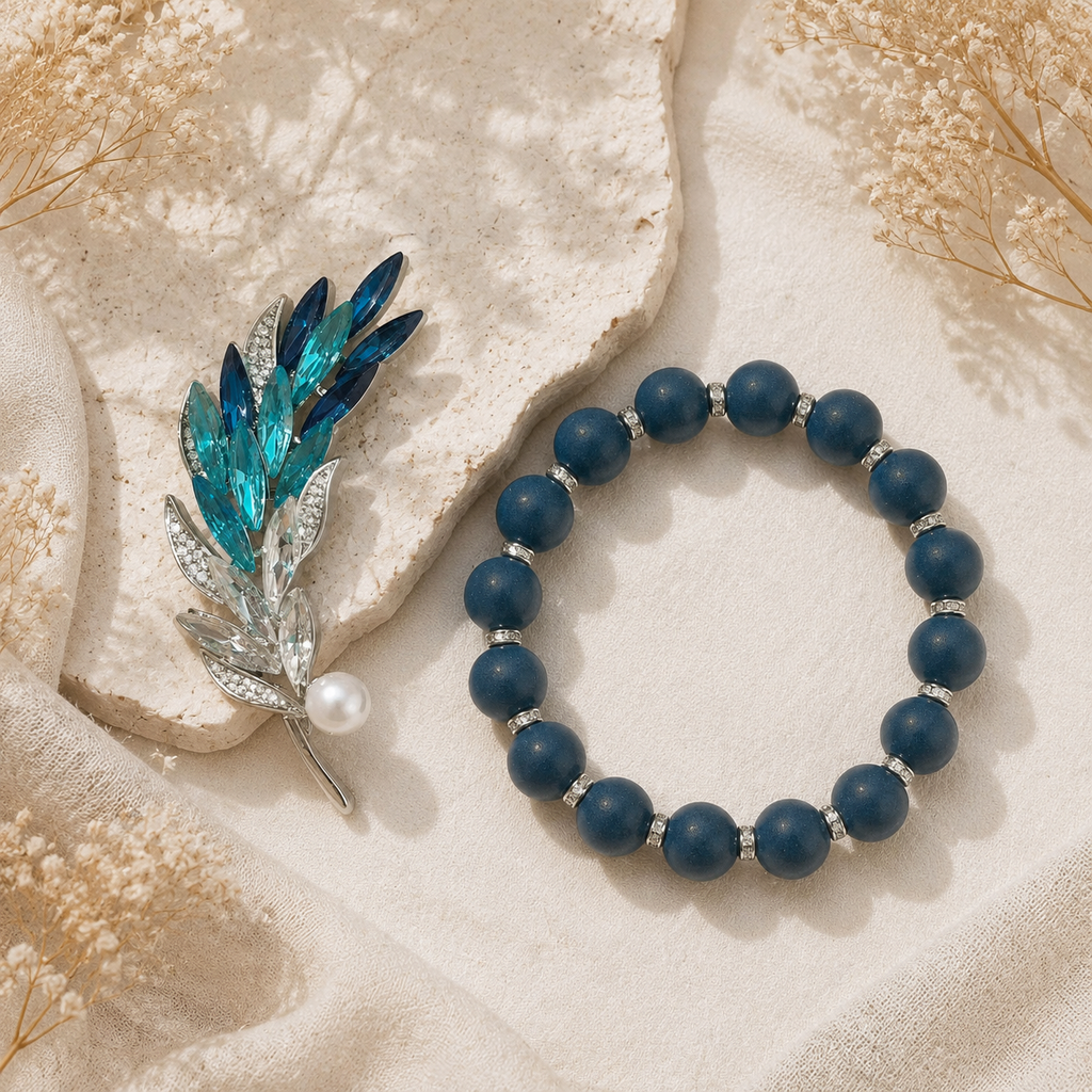 青黛 · 本然 Azure Herbal Incense Bead Bracelet and Crystal Wheat Brooch Set – styled flat lay