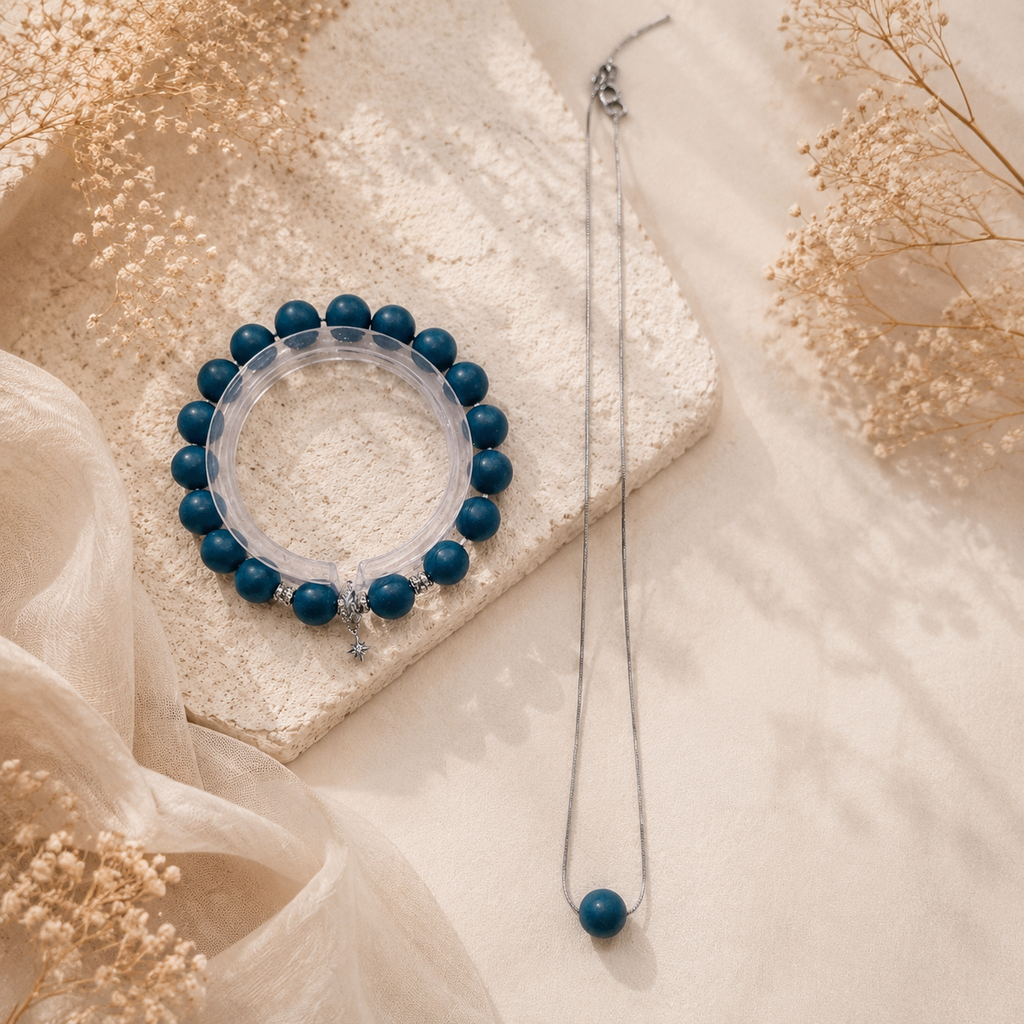 青黛 · 本然 Azure Herbal Incense Bead Bracelet and Necklace Set – styled flat lay with dried botanicals