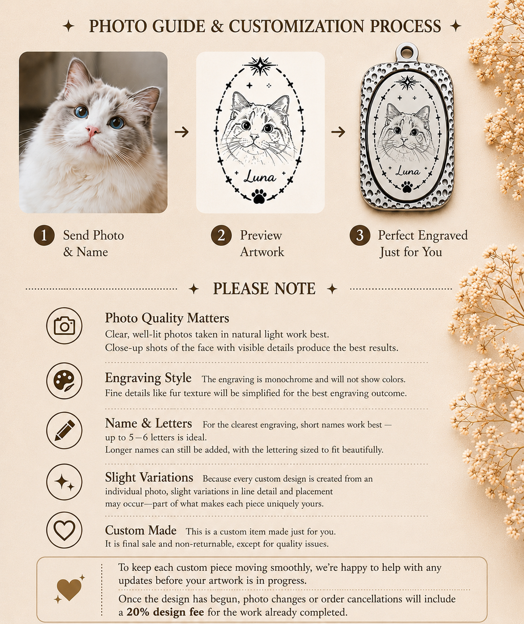 Custom Pet Portrait Pendant – Engraved Titanium Steel Charm | Dog & Cat Memorial Jewelry | 2.8 × 1.7 cm