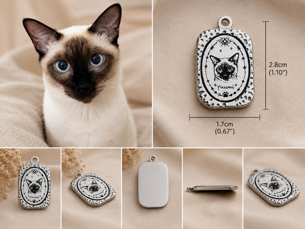 Custom Pet Portrait Pendant – Engraved Titanium Steel Charm | Dog & Cat Memorial Jewelry | 2.8 × 1.7 cm