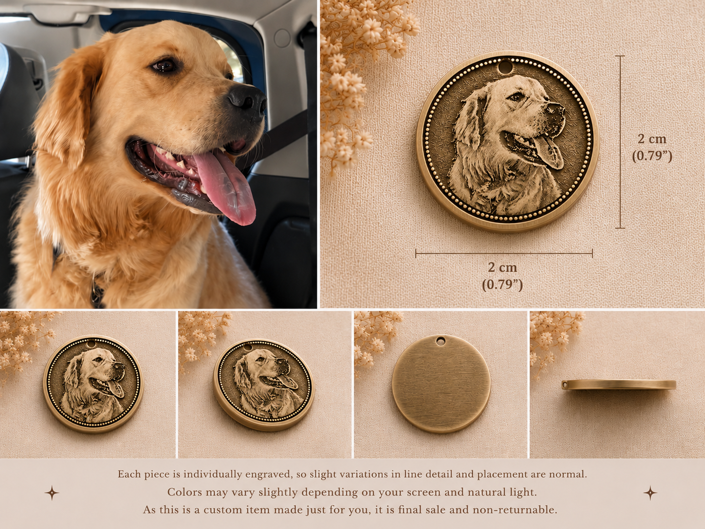 Custom Pet Portrait Pendant – Deep Engraved Brass Charm | Dog & Cat Memorial Jewelry | Round 2cm