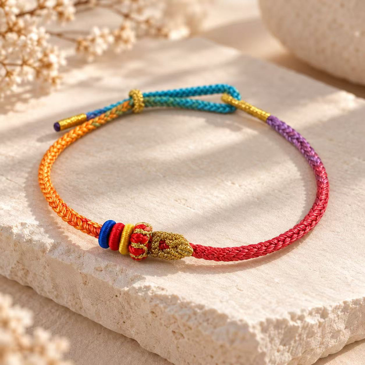 Hand-braided multicolor cord bracelet with four symbolic knots and gold accent threads