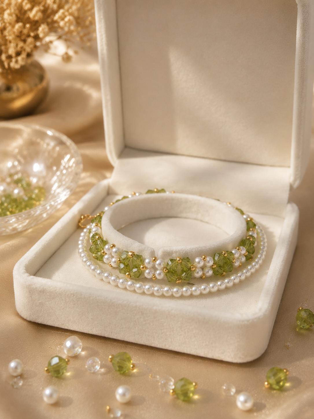 Olive Green & Glass Pearl Beaded Bracelet