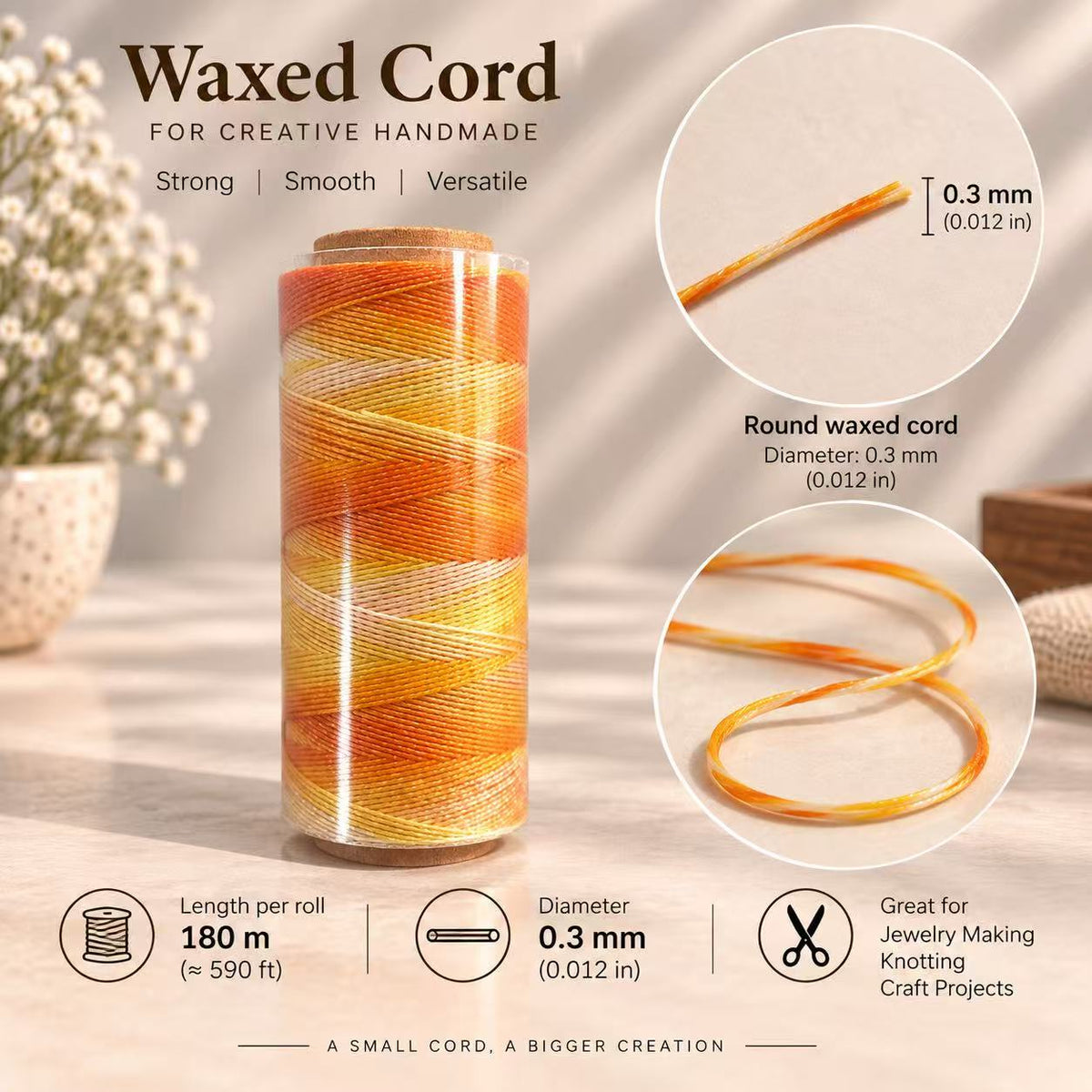 0.3mm round waxed cord, 180m roll, for jewelry making and knotting