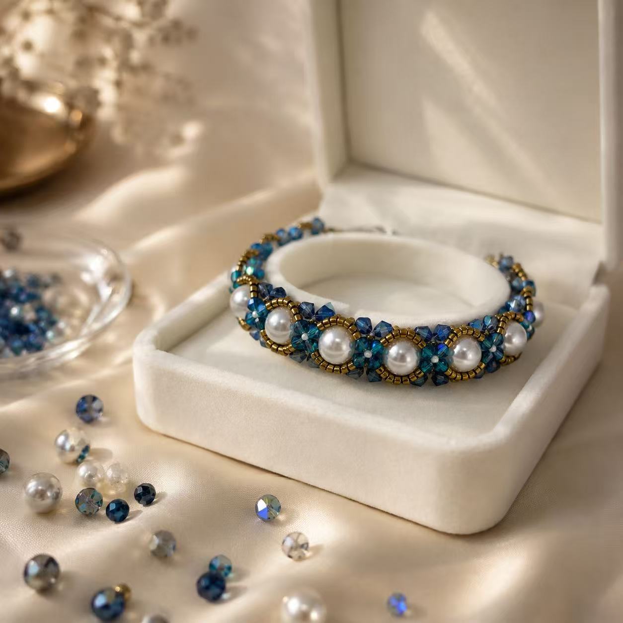 Blue crystal and pearl beaded bracelet in a white jewelry box