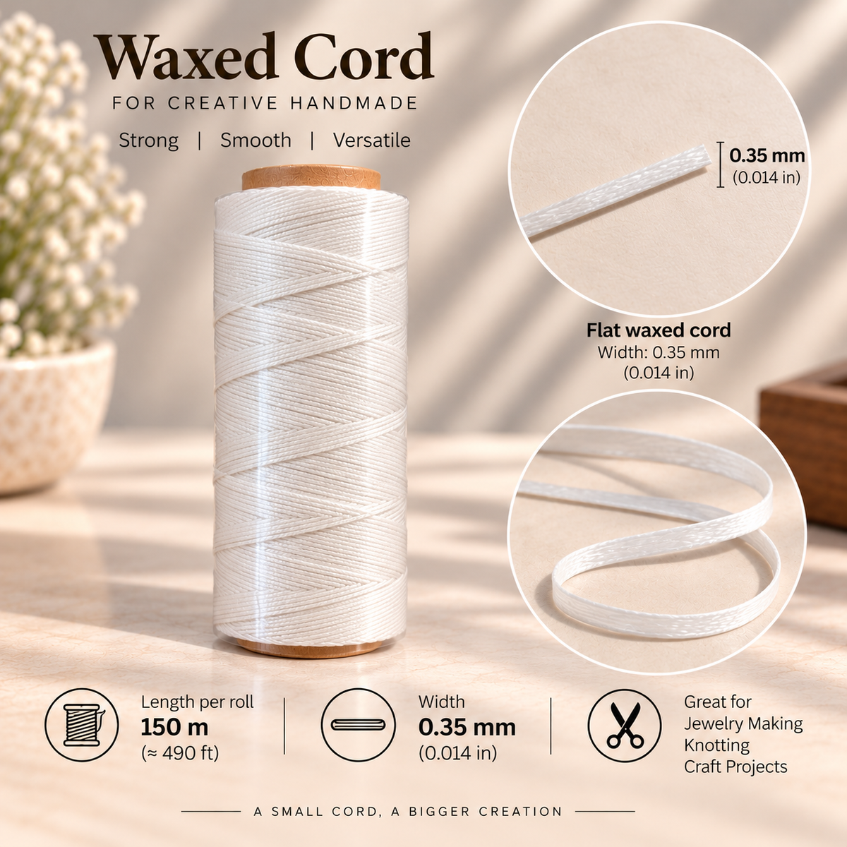 0.35mm flat white waxed cord, 150m roll, for jewelry making and craft projects