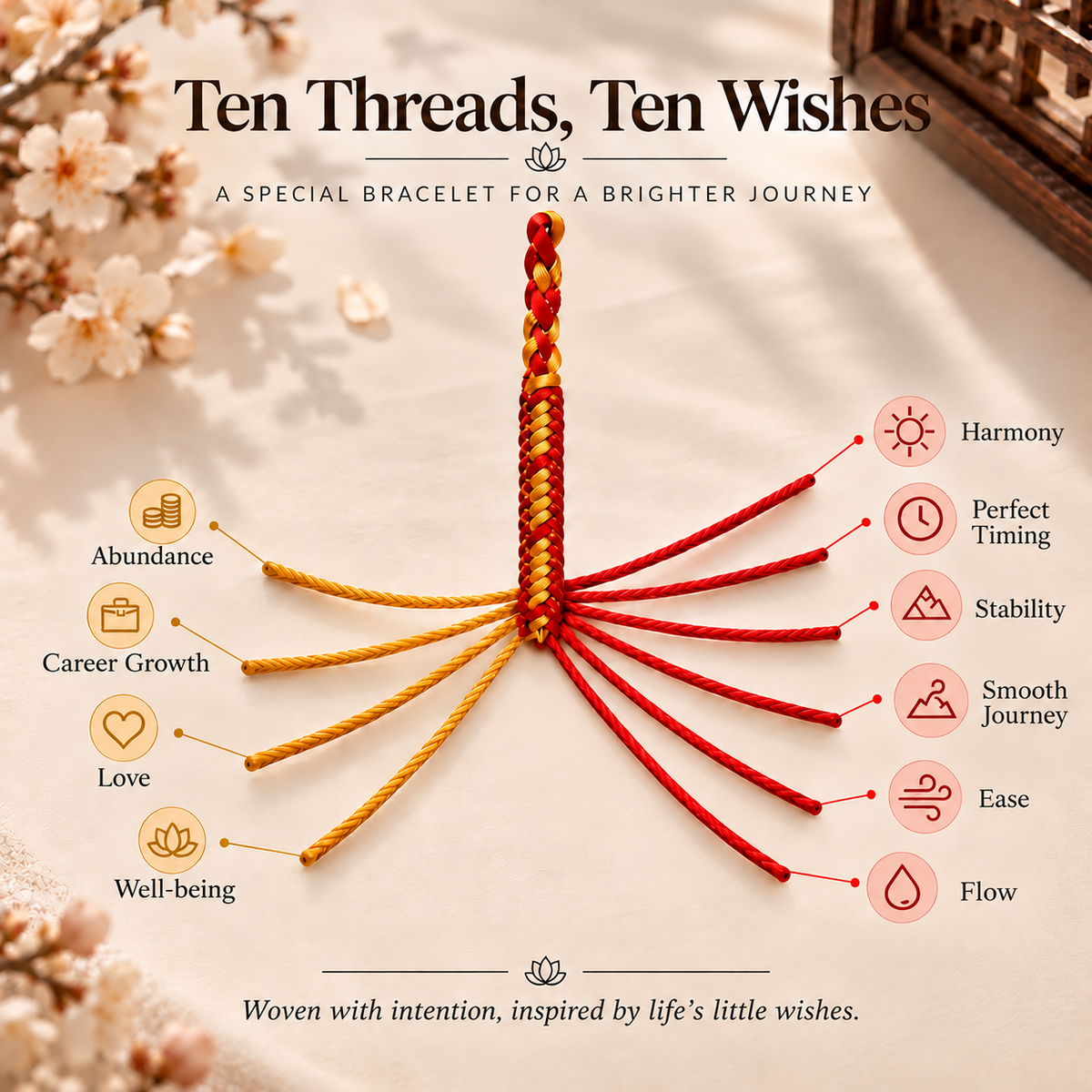 Ten Threads, Ten Wishes | Red & Gold Lucky Cord Bracelet